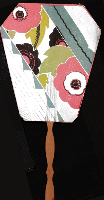 Paper fan with wooden handle, floral design; silver, pink, blue, green