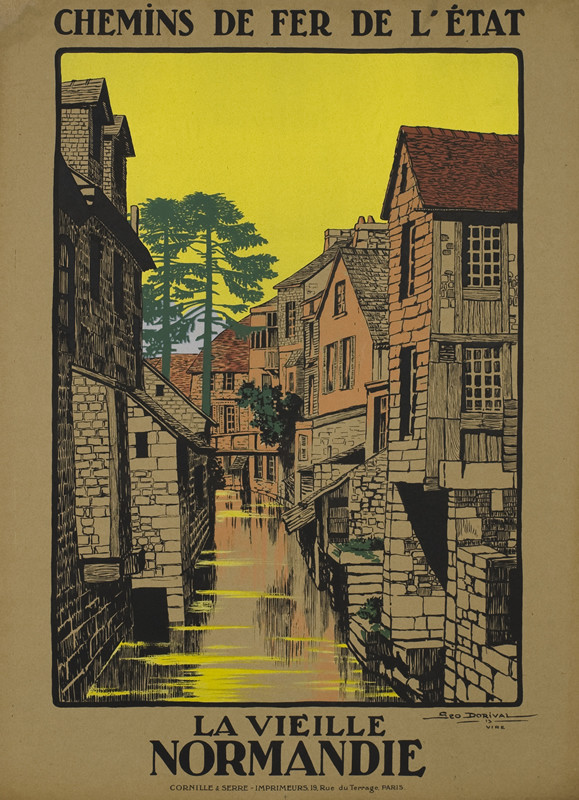 view of town and canal; brown, yellow, green
