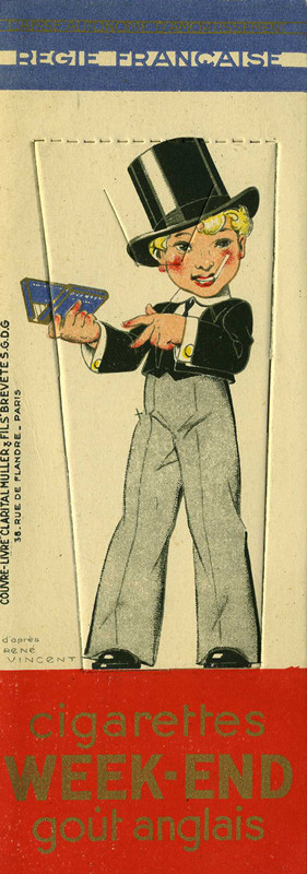 Little boy dressed in tuxedo and top had holds open box of cigarettes; black, red, blue