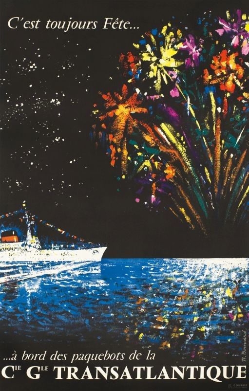 Ocean liner under night sky and fireworks; black, blue