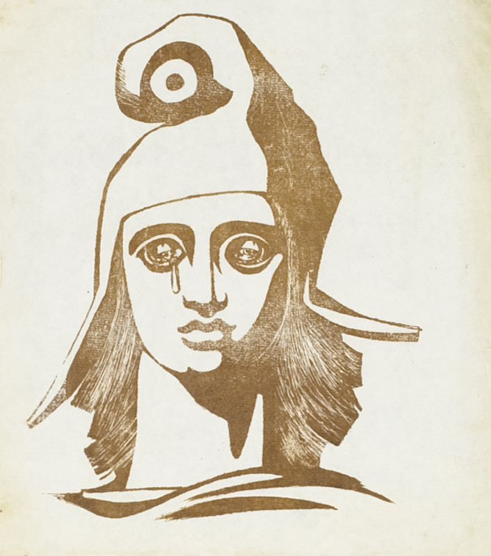 Woman (Marianne) with mournful face in curved cap; brown