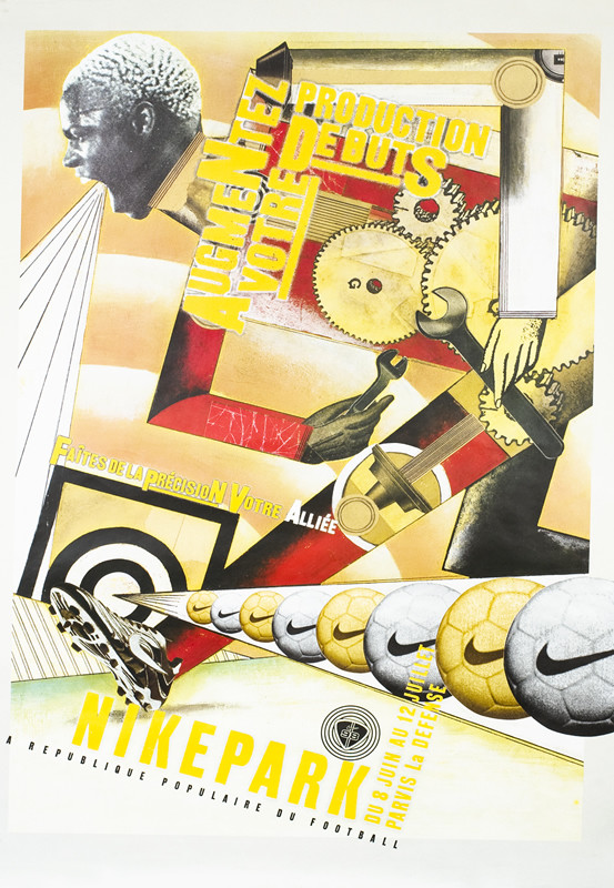 Football/Soccer player made of wheels, machinery, and tools races forward, soccer balls; red, silver, black, white, yellow