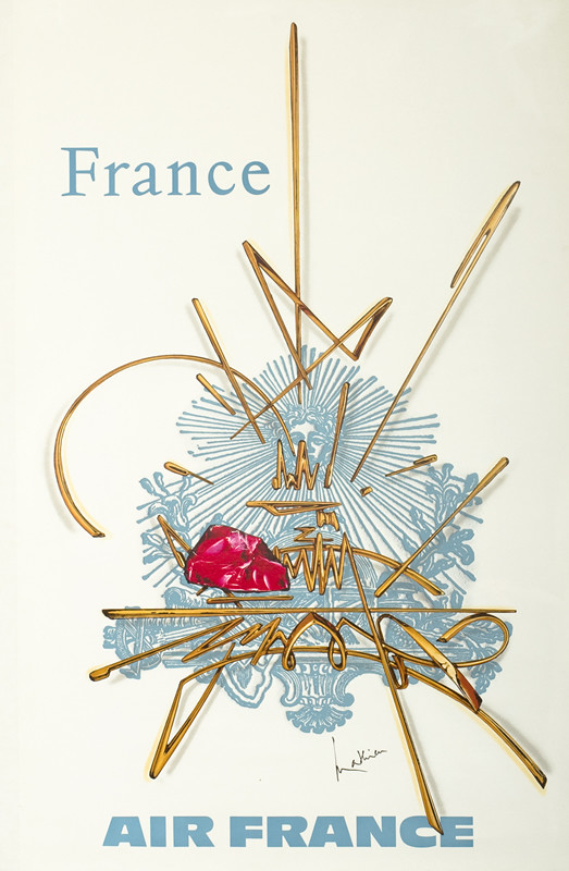 Ornate French sculpture with abstract line decoration of Eiffel Tower (?) and red gem; blue, white, red, gold