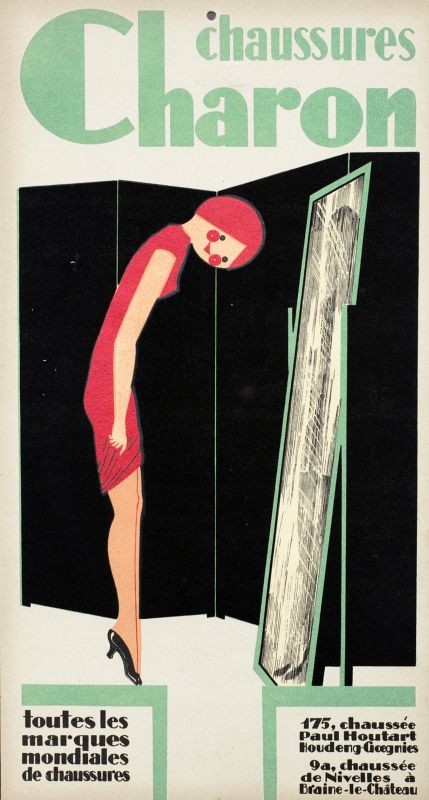 Cute cartoon woman on tiptoe admires shoes in front of mirror; black, green, red