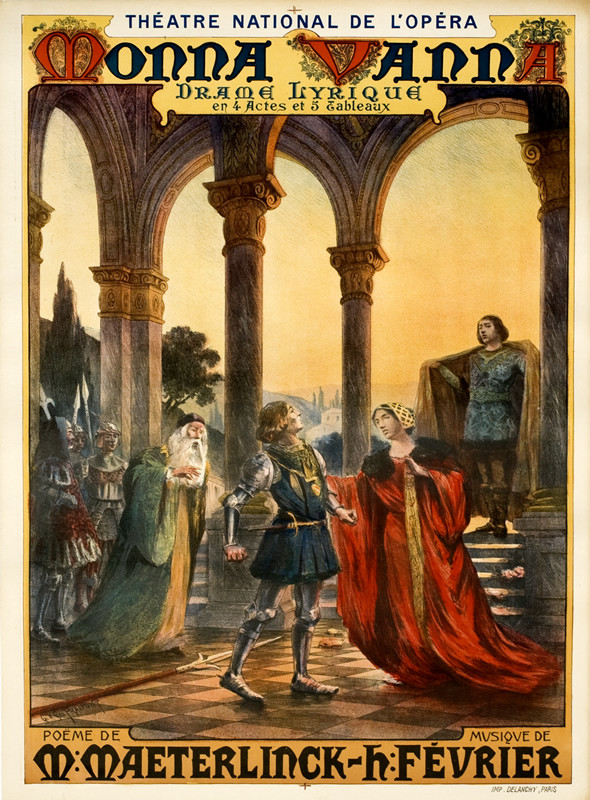 Opera singers acting in costume onstage under columned courtyard, landscape behind; brown, red, yellow