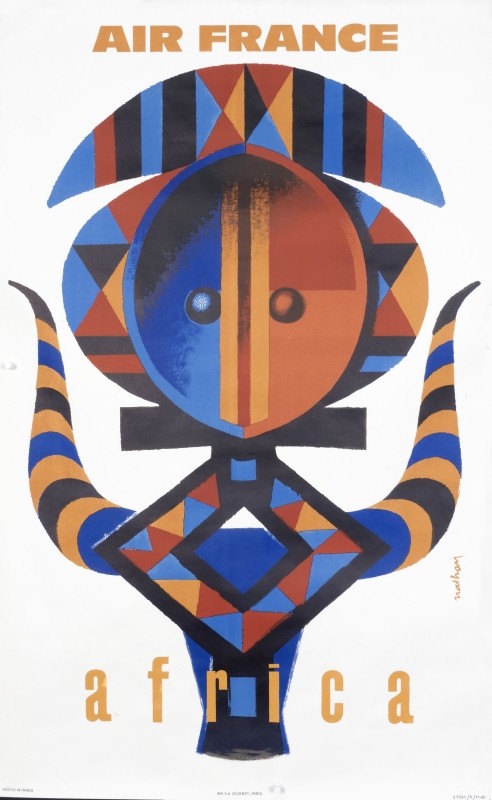 African mask/sculpture with bull's horns at bottom, morphing into abstract mask; blue, brown, black