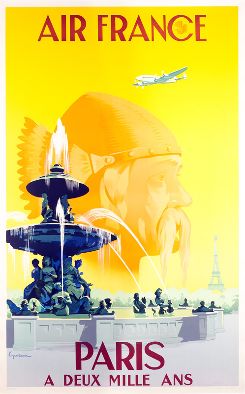 Fountain in foreground, Eiffel Tower behind, faint image of Frankish King Clovis in profile; yellow, orange, green