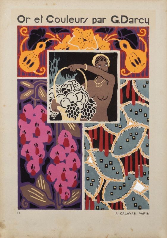 Square segment with nude woman holding basket of fruit, surrounded by three segments of abstracted floral designs; orange, pink, red, blue, purple