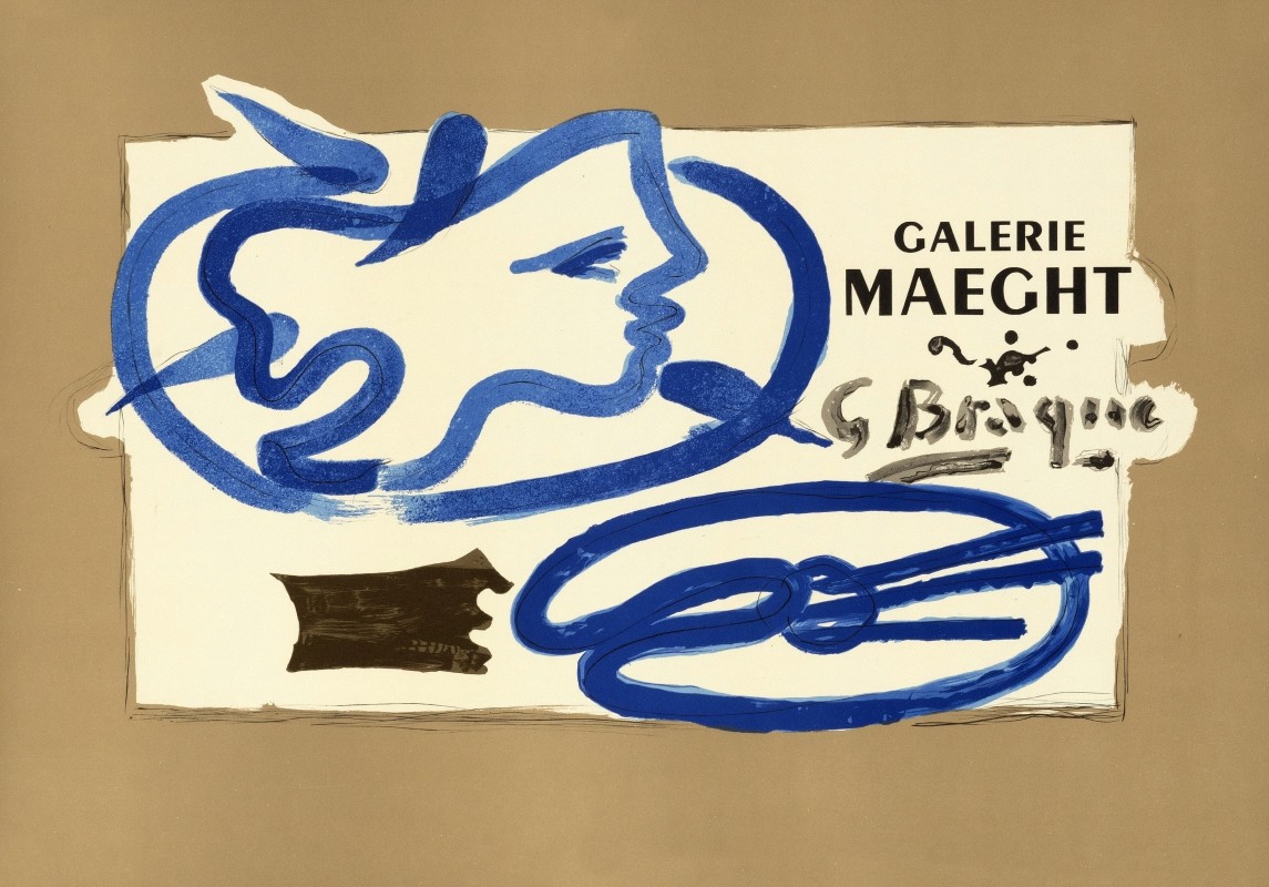 Abstract design of man's face and painter's palette; Blue, brown, black