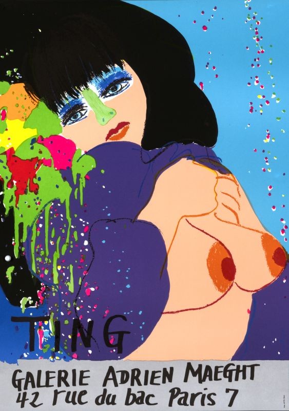 female nude with flowers in her hair; blue, purple, red