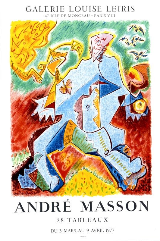 abstract man walks through field; green, red, blue