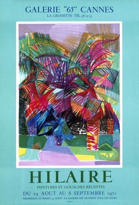 abstract path surrounded by palm trees; green, red, yellow, blue