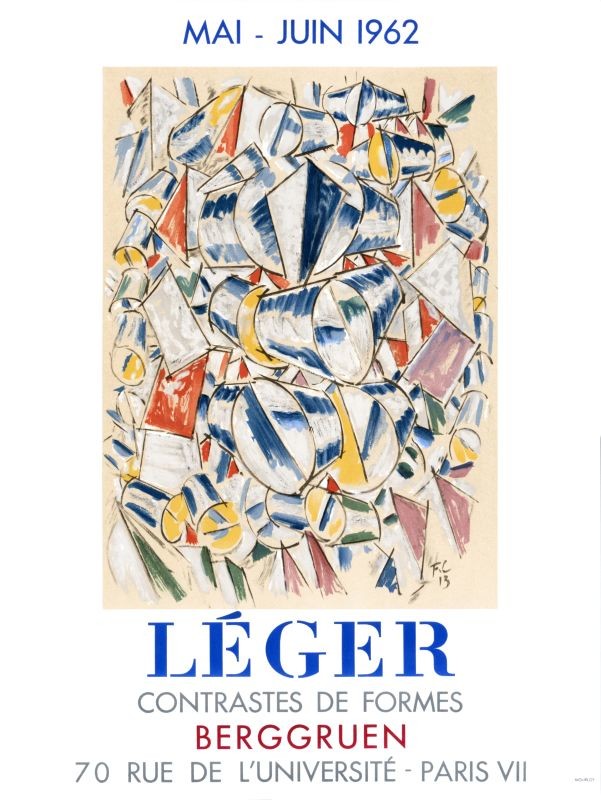 Abstract geometric painting by Leger, gallery exhibition; blue, white, pink, green, yellow