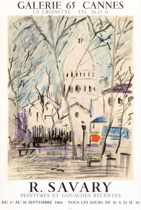 View of Sacre Coeur church in Montmartre, trees; gray, blue, black, white