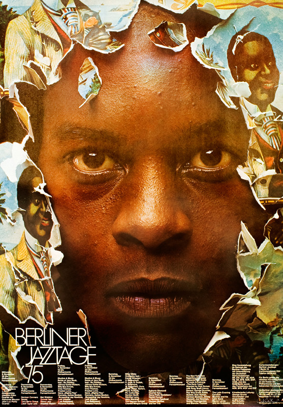 Man's face popping through ripped, printed paper; brown, beige, blue