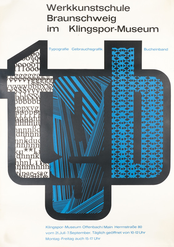 Letters t, g, b with different kinds of printing techniques; blue, black white