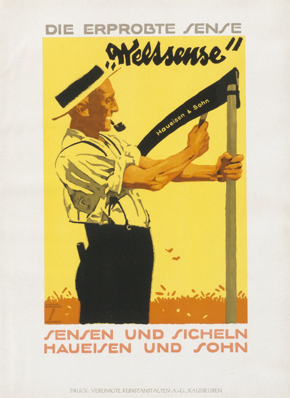 Man with pipe and hat holds long stick; yellow, black