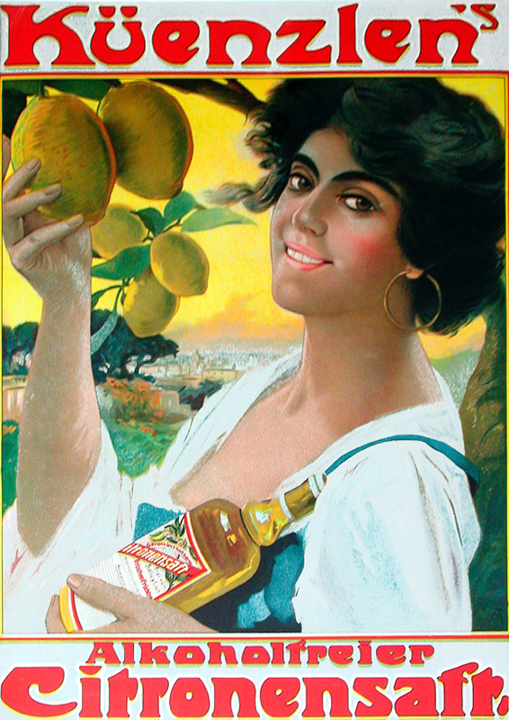 Woman holds bottle and reaches for lemons; green, yellow, red