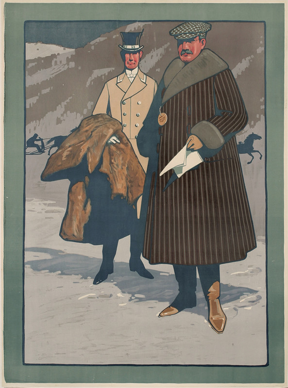WELL-DRESSED MAN W/ATTENDANT IN WINTER; BLUE, gray, BROWN