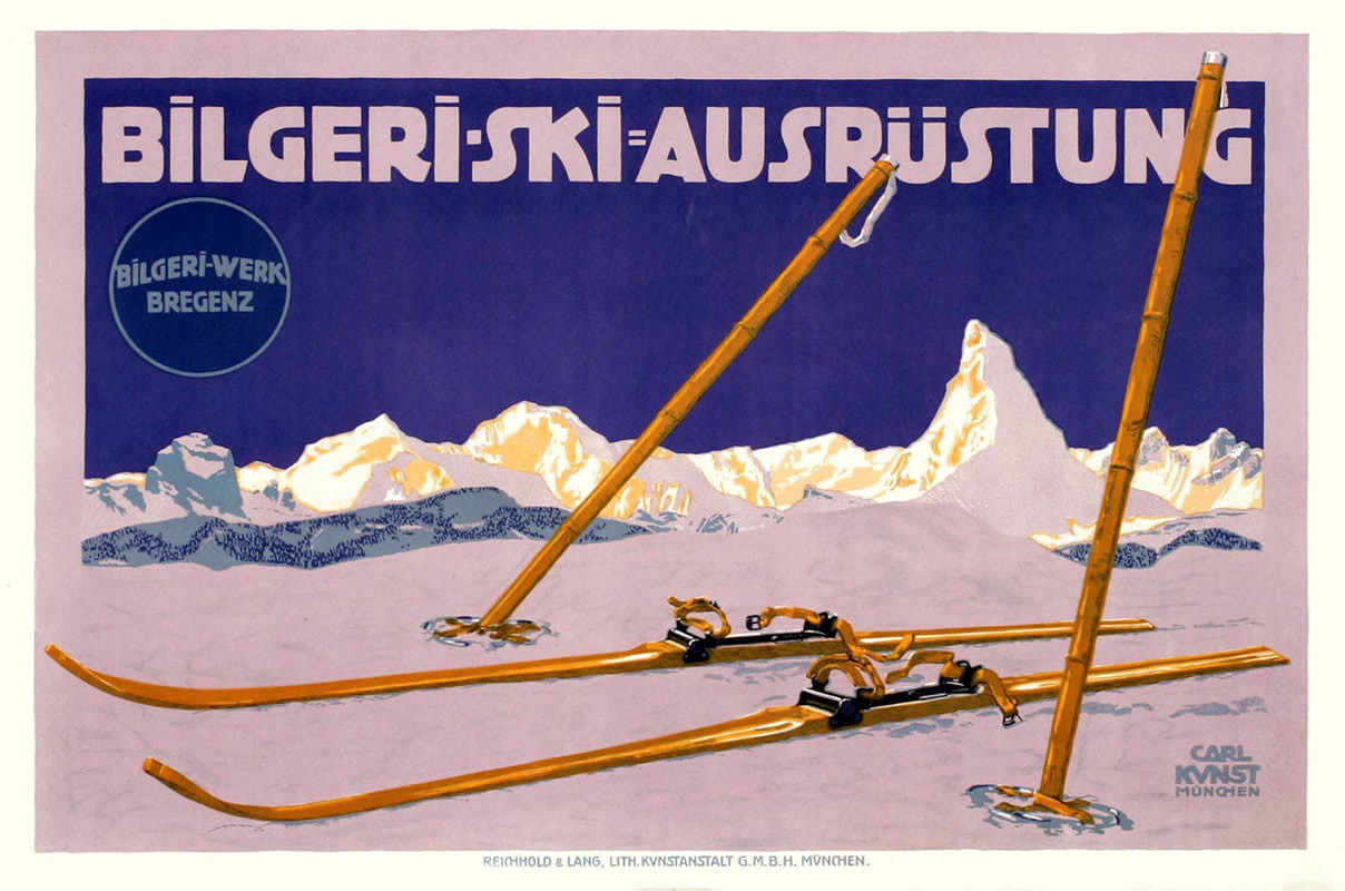 Pair of skis in snow; blue, yellow, white