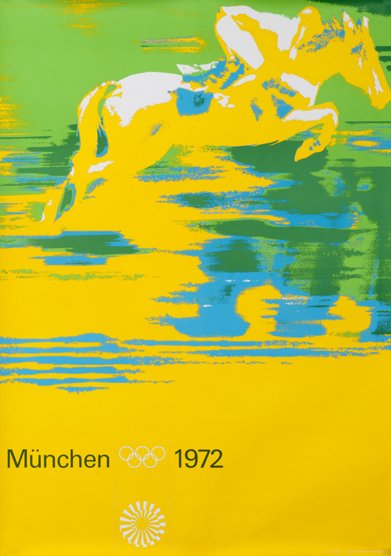 Horse and rider jump; yellow, green, blue