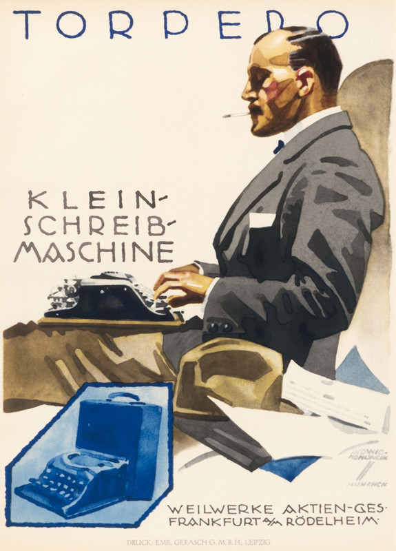 Stylish gentlemen types on typewriter; blue, grey