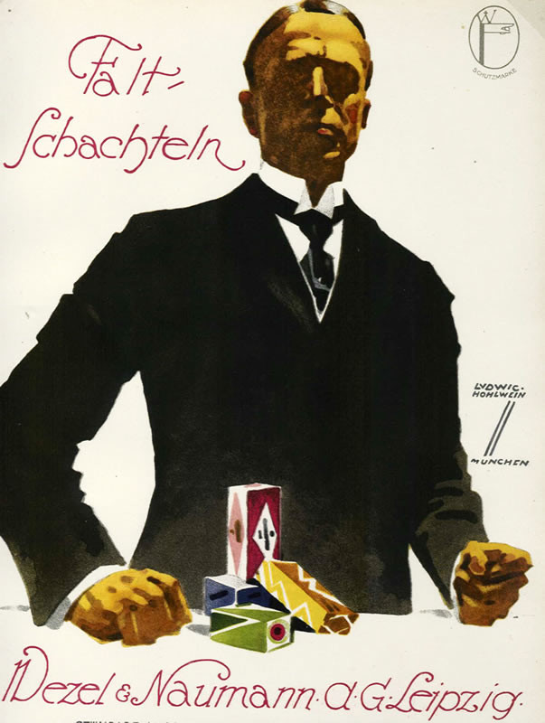Man with folding boxes; black, white, red