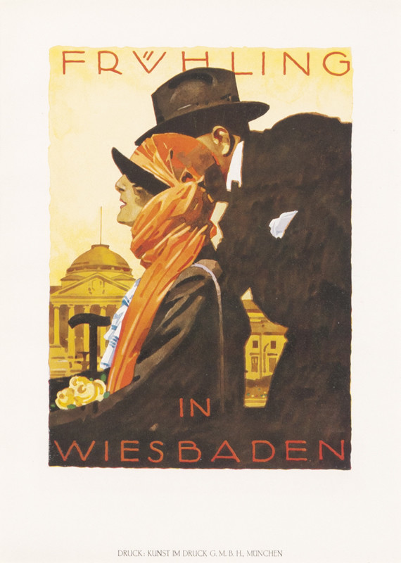 Man and woman in red scarf by domed building; black, red, yellow