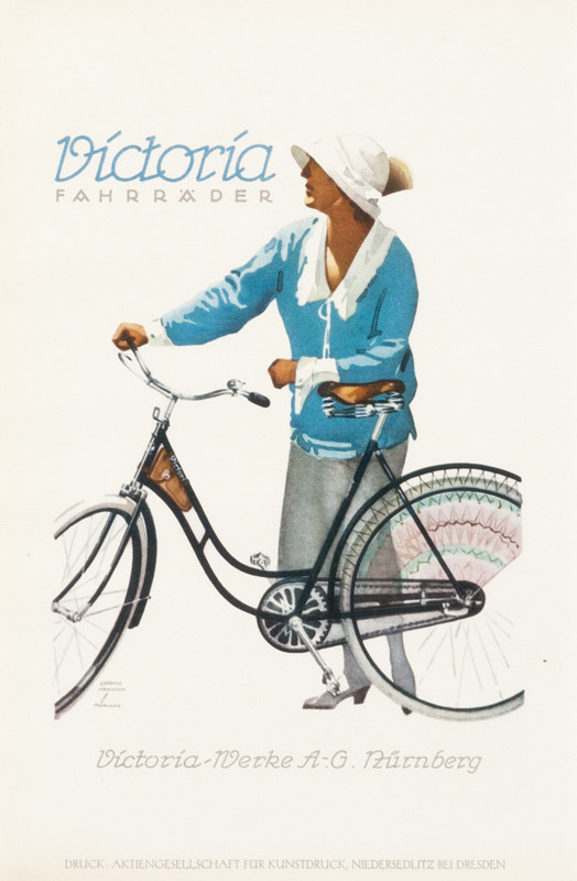 Elegant woman in bonnet leans on bicycle; turquoise, violet, gray