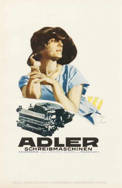 Woman in hat sits in chair by typewriter; black, blue, yellow