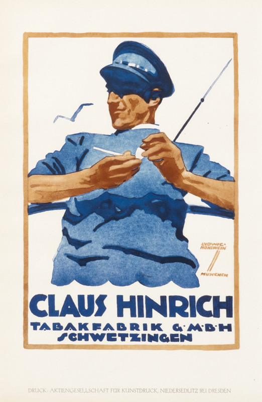 Man in cap with pipe and fish hook; blue, brown