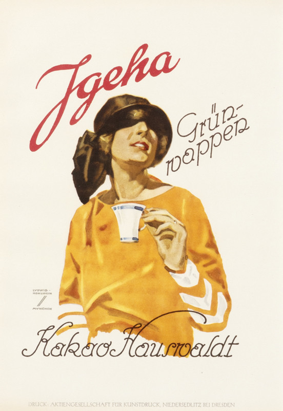 Woman in hat holds cup; orange, brown, red