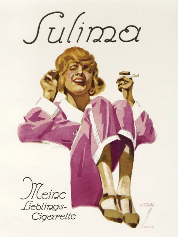 Woman in robe sits on pillows smiking cigarette; yellow, pink, brown