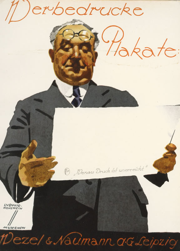 heavy man in glasses and suit holds and looks at poster; brown, black, blue