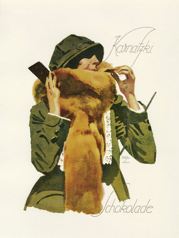 woman in safari hat and coat with fur scarf eats chocolate; green, brown, yellow