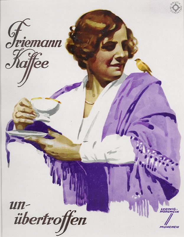 Woman in shawl with parrot drinks out of cup; purple, yellow, brown
