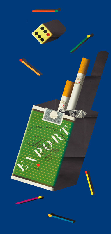 Pack with cigarettes at right, dice, matchsticks; green, blue, yellow