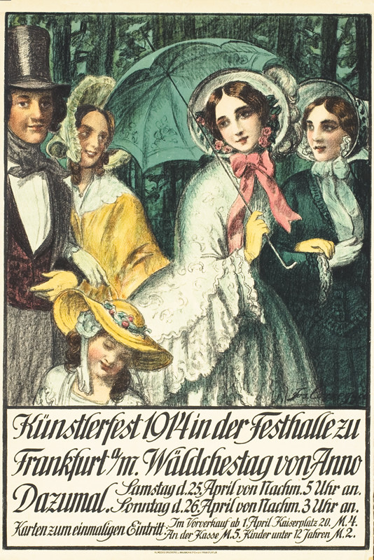 Woman wearing bonnet and holding parasol stands amidst a group of people; green, yellow, pink, pastel