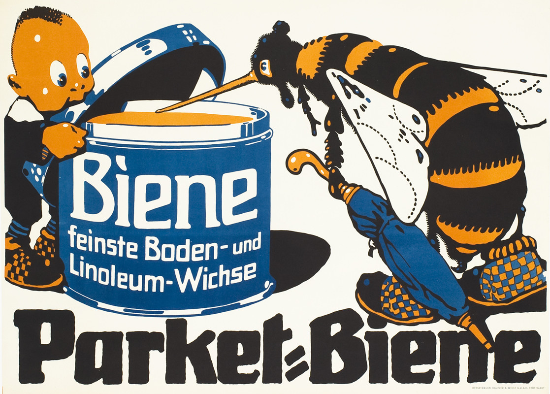 Bee with umbrella and wearing shoes sticks its probiscus in pot of linoleum glue held open by little boy; blue, orange, black