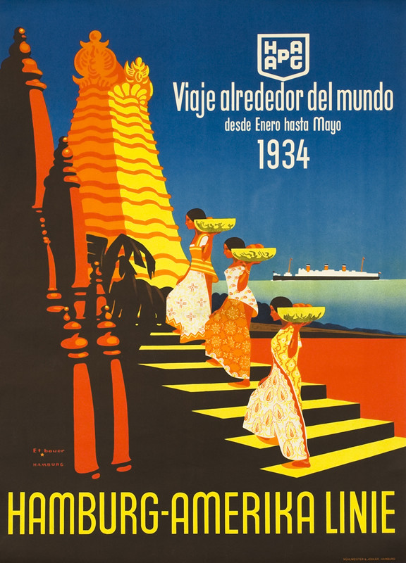 Women ascending steps of temple bearing fruit/offerings, ocean liner in background; orange, brown, yellow, blue