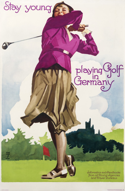 Female golfer finishes swing, looks to distance for ball; green, purple, blue, gray