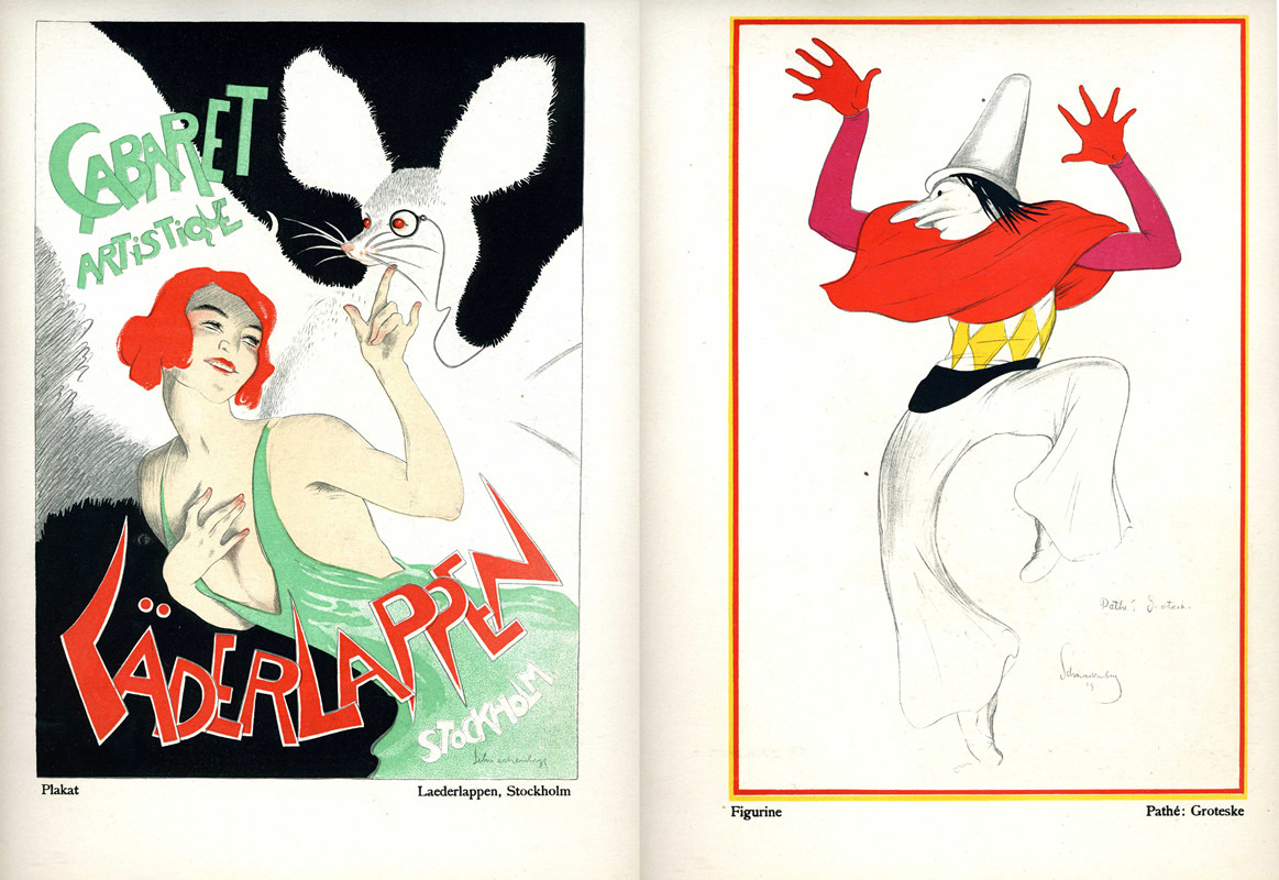 Flirtatious redhead tickles chin of monocle'd hairy white bat/masked harlequin in dance pose; red, green, pink, white