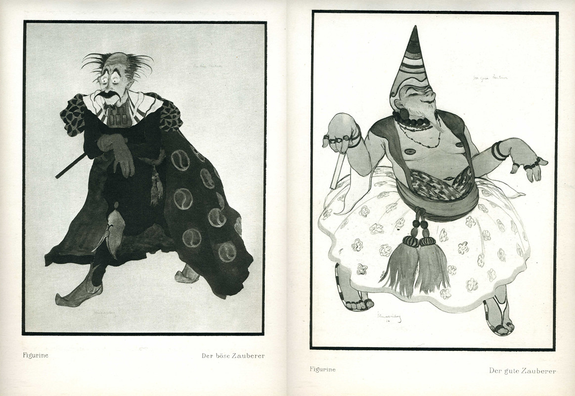Old man in caped costume with crazy hair/shirtless man in skirt and pointed cap; black, white