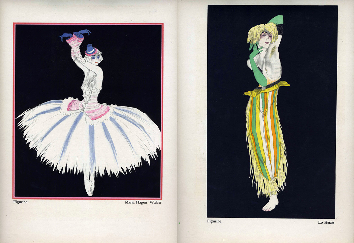 Maria Hagen in fancy costume, dancing en pointe/Dancer in fringed pants and long gloves; black, green, yellow, pink