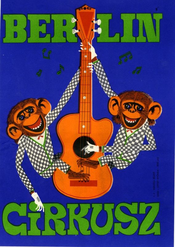Two monkeys smile and play guitar; green, orange, purple, blue