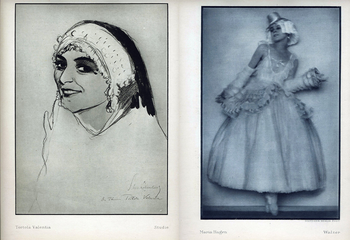 Tortola Valentia sketched in profile/Photo of Maria Hagen in costume; black, white