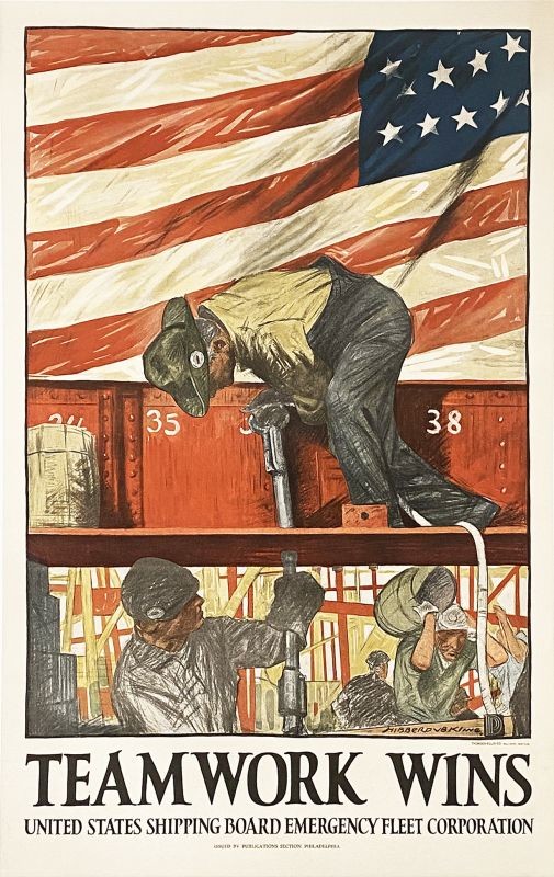 Workers build ship with flag behind; red, grey, blue