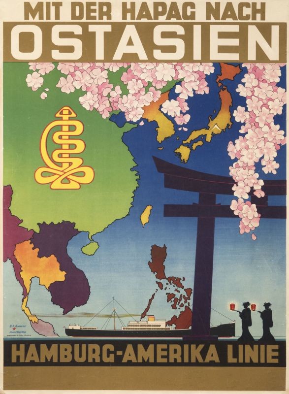 Ocean liner with cherry blossoms and map of asia; gold, purple, green, red, pink