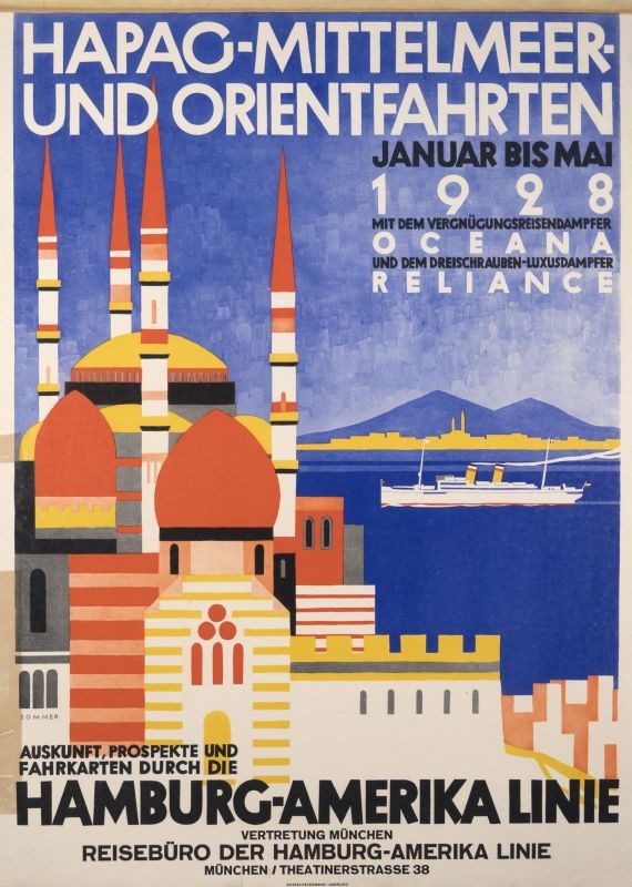 Mosque and minarets of Istanbul on water, cruise liner; blue, orange, yellow, red
