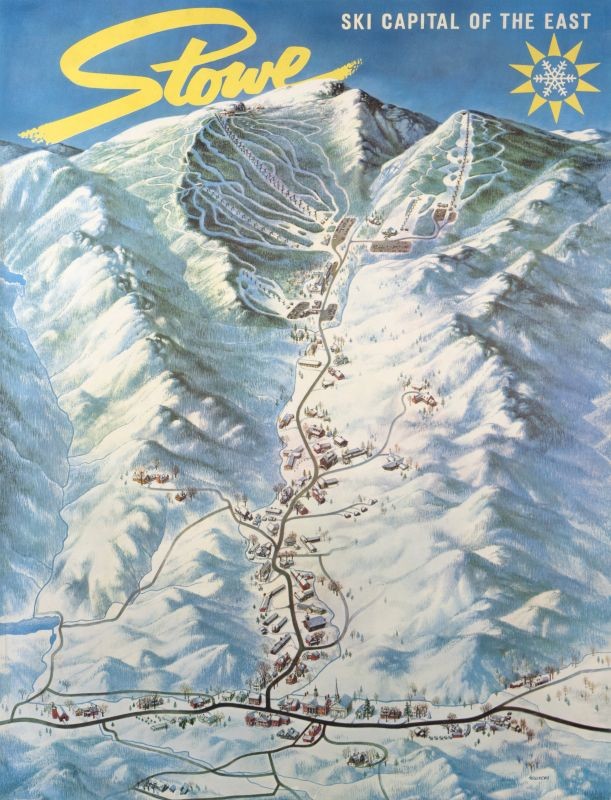 View of Stowe ski area; blue, green, yellow